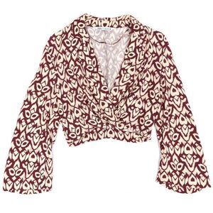 ZARA Linen Printed Wrap Blouse Crop Bell Sleeve Geometric Burgundy Cream XS
